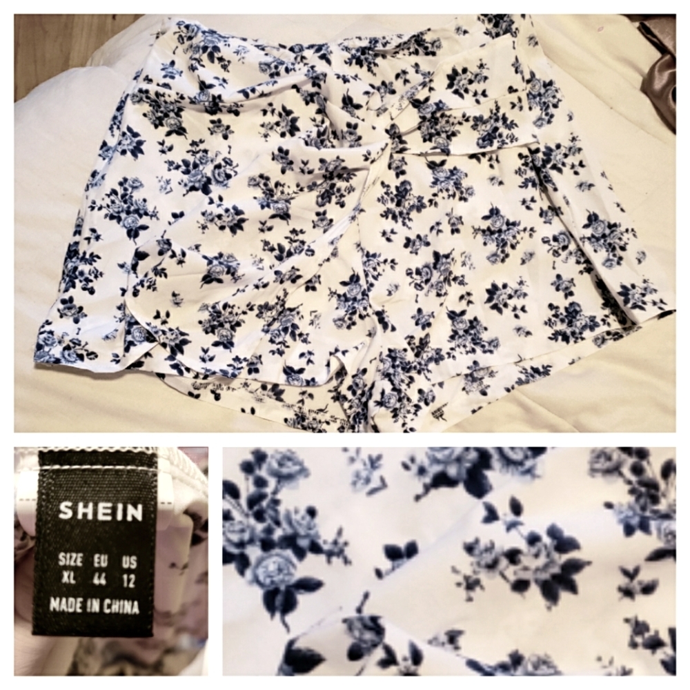 SHEIN Floral Print Skorts - White and Royal Blue